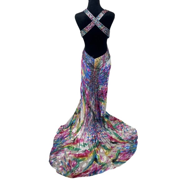 LaFemme Paris Sequin Prom Gown Women's 4 Flowy Silk Beaded Multicolor Open Sides - Picture 2 of 16